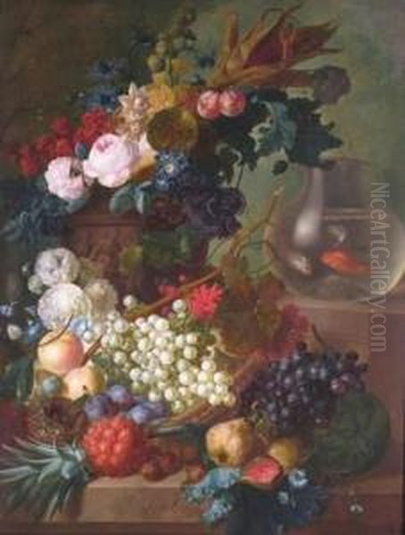 Still Life Of Grapes, Quince, 
Fig, Melon, Medlar, Pineapple, Peaches, Plums, Raspberries, Sweetcorn, 
Poppies, Roses, Hollyhocks, Morning Glory, Eryngium, Auricula, A Bird's 
Nest, All On A Ledge And In An Urn Sculpted With Bas Reliefs, A Goldfish
 B Oil Painting by Jan van Os