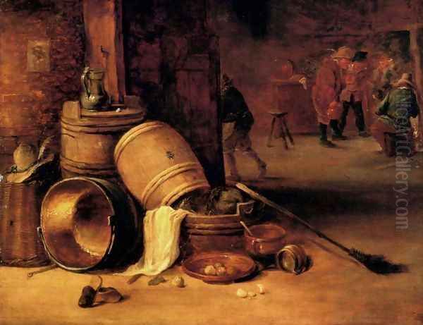 An interior scene with pots, barrels, baskets, onions and cabbages with boors carousing in the background Oil Painting by David The Younger Teniers