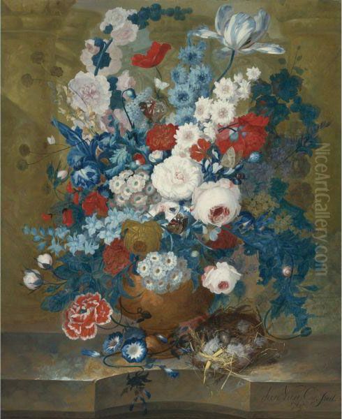 Flower Still Life With A Birds' Nest On A Ledge Oil Painting by Jan van Os