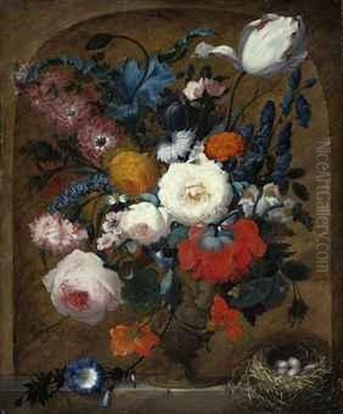 Roses, Peonies, Larkspur And 
Morning Glory In An Ornamental Urnwith A Nest Of Four Eggs, On A Stone 
Ledge Oil Painting by Jan van Os