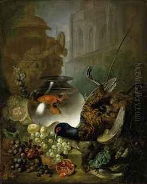 Grapes, Pomegranates, Game, 
Fish, Goldfish In A Bowl, A Classicalurn, With A Gothic Building Beyond Oil Painting by Jan van Os