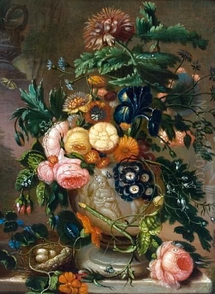 A Still Life Of Roses And Other Flowers In Anurn On A Ledge Oil Painting by Jan van Os