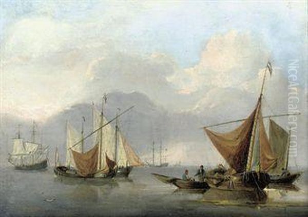 Dutch Barges Drying Their Sails With Warships Anchored Beyond Oil Painting by Jan van Os