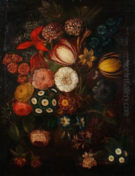 Tulips, Roses, Jasmine, Primroses And Otherflowers On A Table Top Oil Painting by Jan van Os