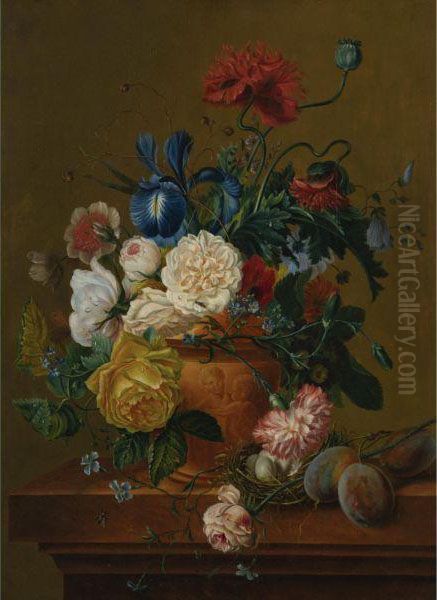 A Still Life Of Flowers, Fruit And Bird's Nest Oil Painting by Jan van Os