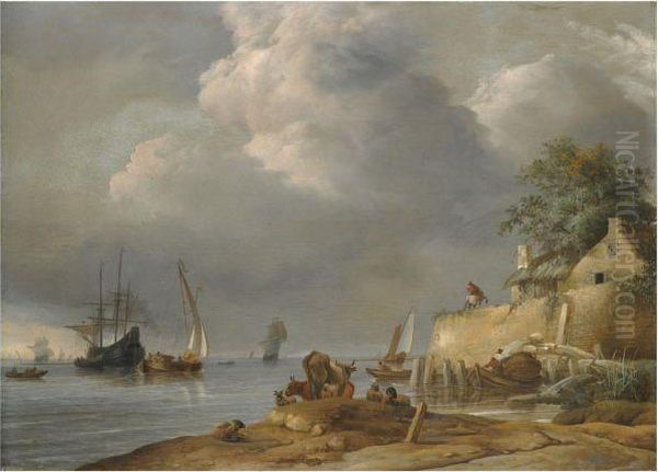 A Coastal Shipping Scene With 
Cattle And Sheep In The Foregroundand A Man On Horseback Outside An Inn Oil Painting by Jan van Os