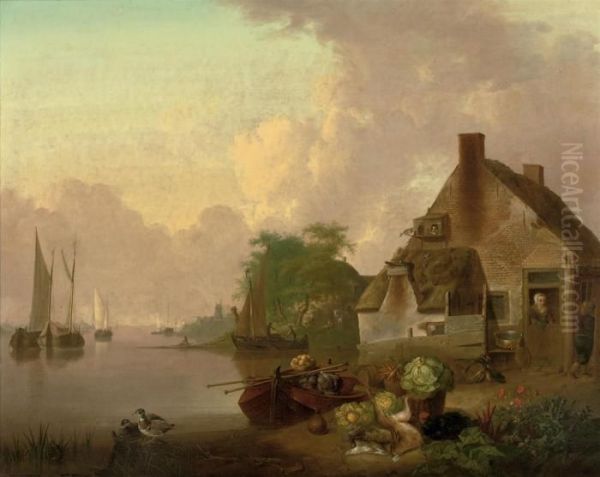 A River Landscape With A Cottage Oil Painting by Jan van Os