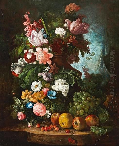 Tulips, Carnations, Peonies, 
Convolvulus And Other Flowers In A Stone Urn With Grapes, Apples And 
Other Fruit On A Stone Ledge, A Landscape Beyond. Oil Painting by Jan van Os