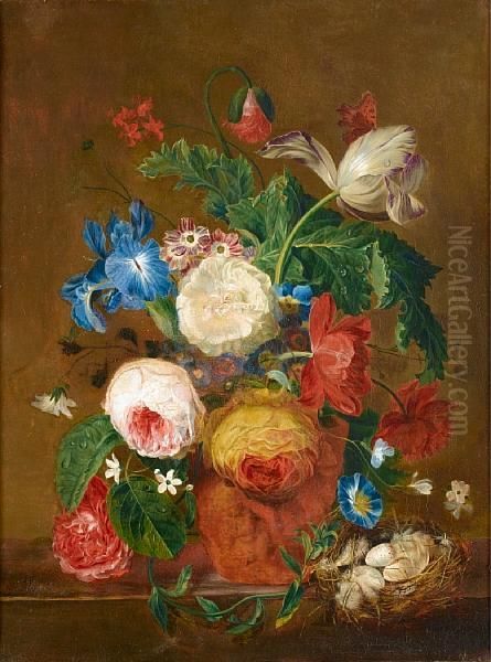 Roses, Lilies, Tulips And Other Flowers In A Vase With A Bird's Nest On A Stone Ledge Oil Painting by Jan van Os