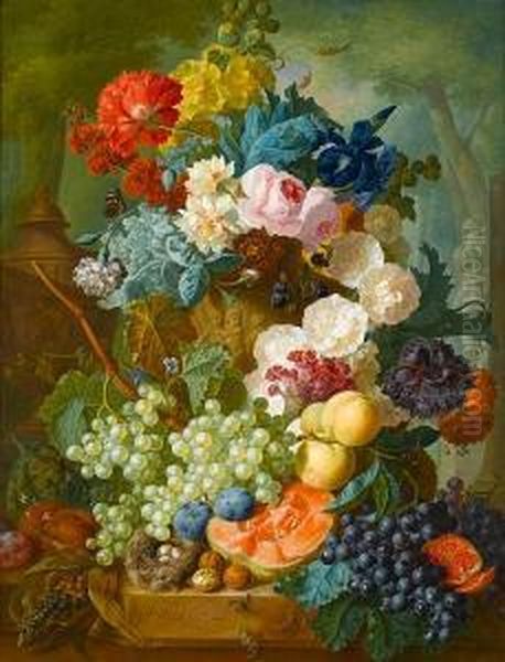 Roses, Irises, Carnations And 
Other Flowers Ina Stone Urn With Peaches, Grapes, Melon, Plums And 
Walnuts Beside Abird's Nest On A Stone Ledge, A Park Landscape Beyond Oil Painting by Jan van Os