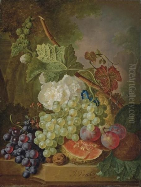 Flowers, Grapes, Plums, Walnuts And A Melon On A Stone Ledge Oil Painting by Jan van Os