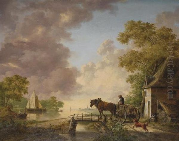 A River Landscape With A Horse And Cart Crossing A Bridge, Boats Beyond Oil Painting by Jan van Os