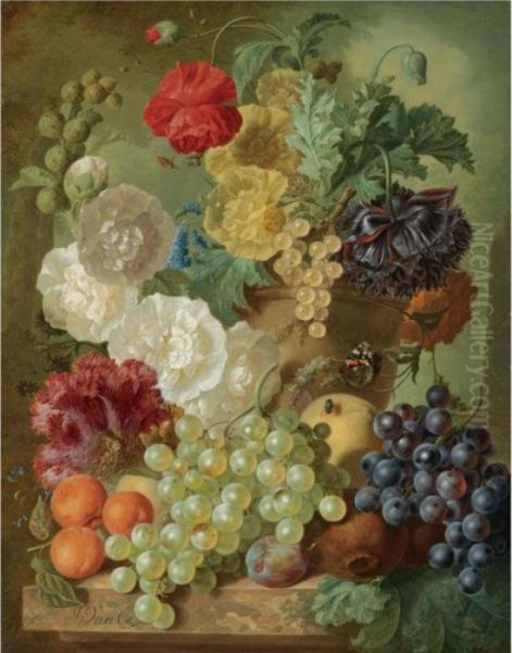 A Still Life With Hollyhocks, 
Poppies, An Anemone, Other Flowers And White-currants In A Terracotta 
Vase, With Apricots, White And Black Grapes, Pomegranates And A Plum, 
All Arranged On A Marble Ledge Oil Painting by Jan van Os