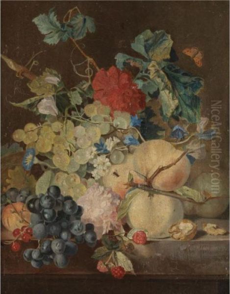 A Still Life With Peaches, 
Grapes, Raspberries Together With Various Flowers On A Stone Ledge Oil Painting by Jan van Os