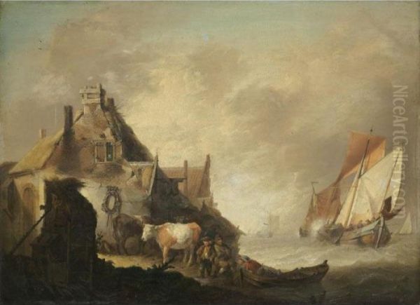 A Coastal Scene With Fishing 
Vessels In Stormy Seas, Figures With Cattle Before A House On The Shore Oil Painting by Jan van Os