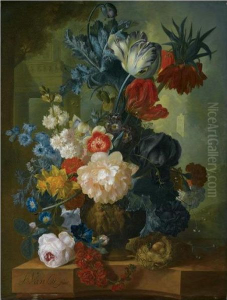 Still Life With A Bouquet Of 
Flowers In A Sculpted Vase, Including A Parrot Tulip, Morning Glory, A 
Black Iris, Peonies, Daffodils And A Crown Imperial, Together With A 
Bird's Nest On A Pink Marble Ledge Oil Painting by Jan van Os