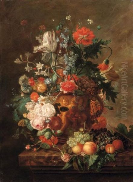 Fiori In Vaso Istoriato Su Basamento Con Uva E Pesche Oil Painting by Jan van Os