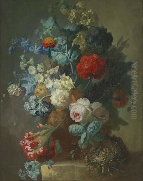 Roses, Cineria, Cockscombe, Auricula, Hops, Hollyhocks, Narcissi, Helichrysum Oil Painting by Jan van Os