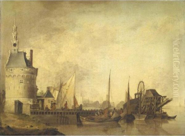 A Canal Scene With Elegant Figures On A Quay, Together With Peasants Loading Barges Oil Painting by Jan van Os