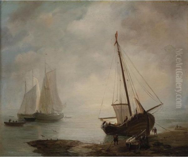 Fishing Boats Along The Shoreline Oil Painting by Jan van Os