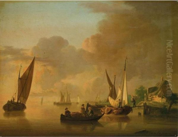 A River Landscape With Smalschips Unloading Their Cargo, Together With A Rowing Boat Oil Painting by Jan van Os