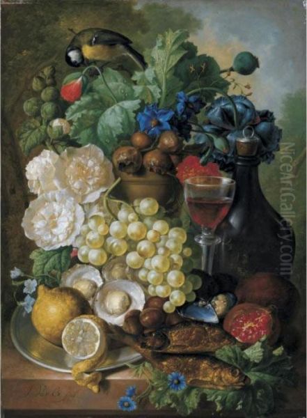 Still Life With Fruit And 
Flowers, Together With Oysters, Mussels, A Glass Of Wine And A Decanter Oil Painting by Jan van Os