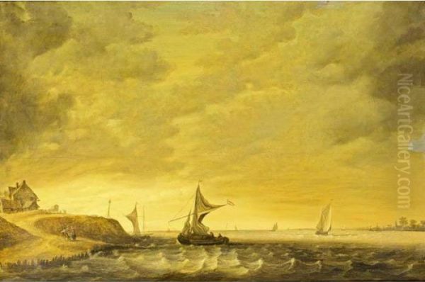 A River Landscape With Sailing 
Boats In Choppy Waters And Figures Conversing On The Shore Oil Painting by Jan van Os