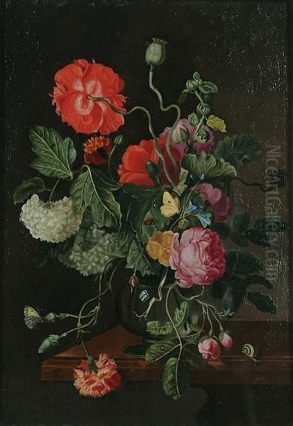 Still Life Of Flowers With Butterflies, A Ladybird And A Snail Oil Painting by Jan van Os