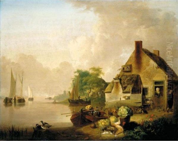 A River Landscape With Moored 
Sailing Boats And A Village Behind, A Still Life Of Cabbages, Carrots, 
Hares And A Black Hen In The Foreground Oil Painting by Jan van Os