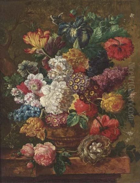 Summer Flowers In A Vase, With A Bird's Nest To The Side, On A Ledge Oil Painting by Jan van Os