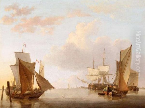 Dutch Shipping In Calm Coastal Waters Oil Painting by Jan van Os