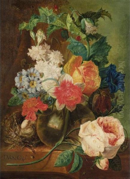 A Still Life With Roses And 
Other Flowers In A Glass Vase, Together With A Bird's Nest All Resting 
On A Stone Ledge Oil Painting by Jan van Os