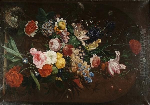 Roses, Carnations, Tulips 
Narcissi And Other Flowers In A Sculpted Urn On A Ledge With A Bird's 
Nest Oil Painting by Jan van Os