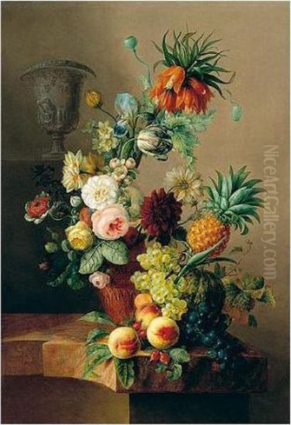 A Still Life Of Various Flowers 
In A Terracotta Vase, Peaches, Grapes, A Melon And Pineapple In The 
Foreground, All On A Marble Table Oil Painting by Jan van Os