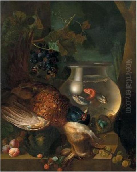 A Still Life Of A Pheasant, A 
Rabbit, A Goldfish Bowl, A Bird's Nest, A Melon, Plums, Gooseberries And
 Raspberries, All Arranged Upon A Stone Ledge Oil Painting by Jan van Os