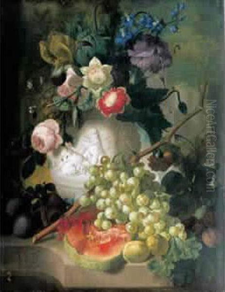 Nature Morte De Fleurs Et De Fruits Sur Un Entablement Oil Painting by Jan van Os