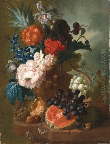 A Peony, An Iris, A Pineapple, 
Blackberries, Narcissi And Otherflowers In A Terracotta Vase, With A 
Bird's Nest, A Mouse, A Melon,grapes And Walnuts On A Ledge Oil Painting by Jan van Os