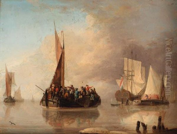 A Crowded Ferry Oil Painting by Jan van Os