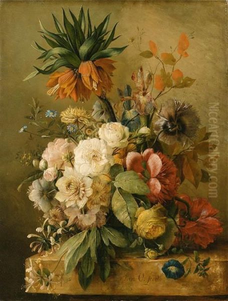 An Imperial Lily, Peonies, 
Roses, Irises, Honeysuckle, Morningglory And Poppies In A Glass Vase On A
 Stone Ledge Oil Painting by Jan van Os