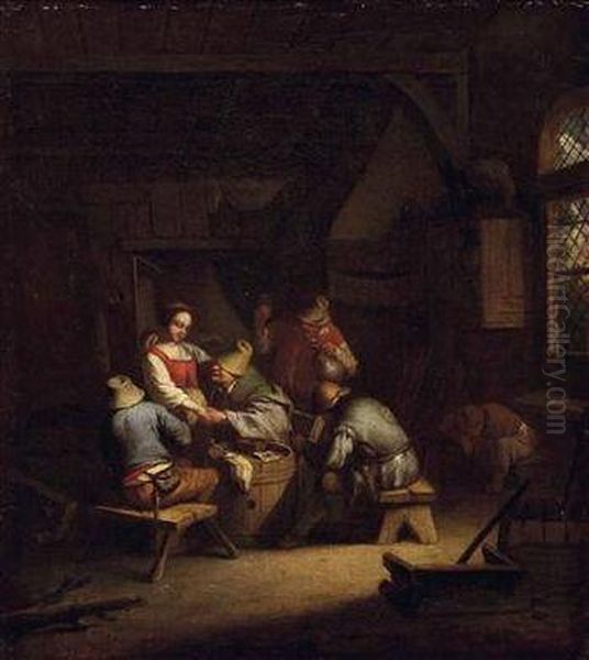 Stubeninterieur - Bauern Umwerben Eine Magd Oil Painting by Adriaen Jansz. Van Ostade