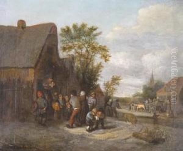 A Village Announcement Oil Painting by Adriaen Jansz. Van Ostade