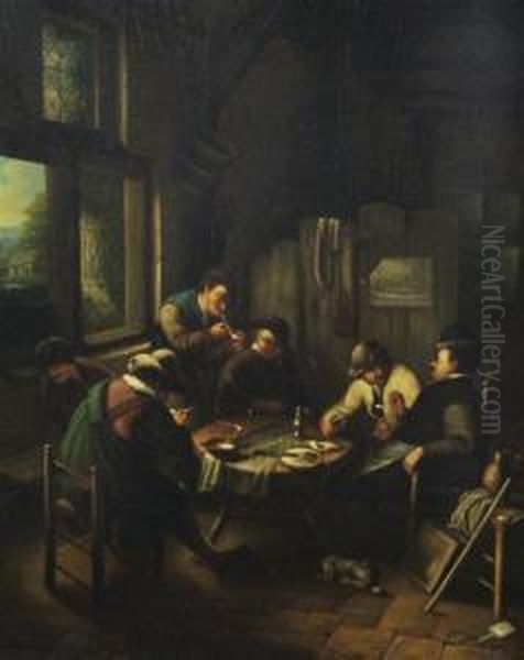 Pipe Smokers Around A Table Oil Painting by Adriaen Jansz. Van Ostade