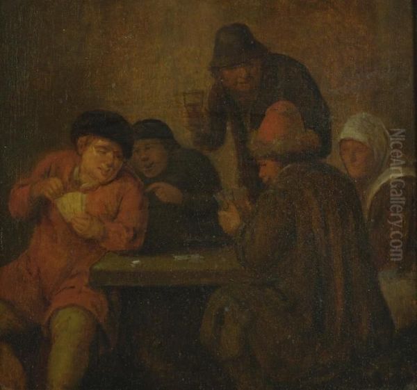 Card Players In An Interior Oil Painting by Adriaen Jansz. Van Ostade