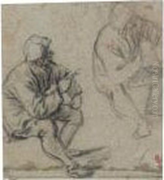 Recto: Two Studies Of Seated Peasants Oil Painting by Adriaen Jansz. Van Ostade