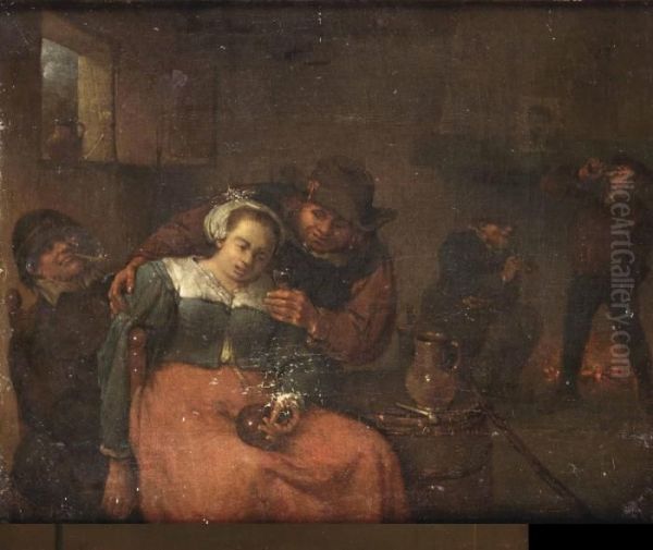 Boorse Smoking And Drinking In A Tavern Oil Painting by Adriaen Jansz. Van Ostade