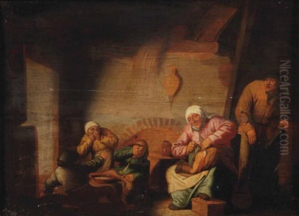 The Sense Of Smell: Boors In An Interior With A Peasant Woman Wiping A Baby's Bottom Oil Painting by Adriaen Jansz. Van Ostade