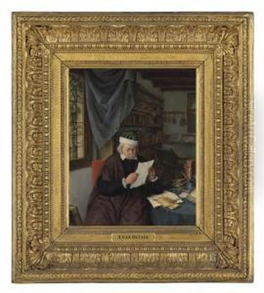 A Lawyer Seated At A Table Reading A Letter Oil Painting by Adriaen Jansz. Van Ostade