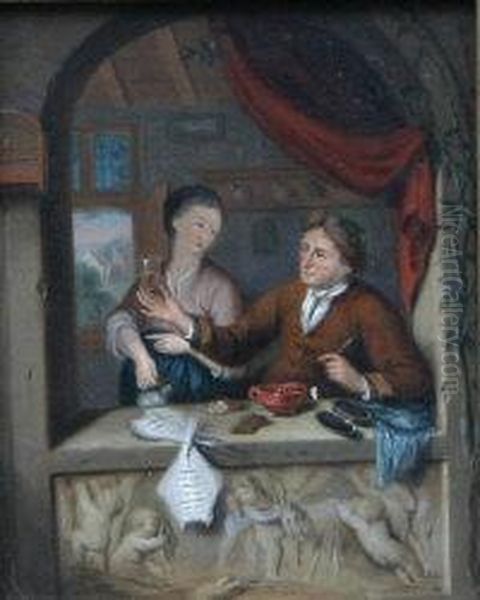 Two Figures By A Window Oil Painting by Adriaen Jansz. Van Ostade