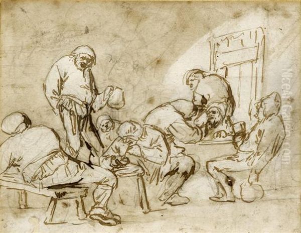 Eight Peasants In A Tavern Oil Painting by Adriaen Jansz. Van Ostade