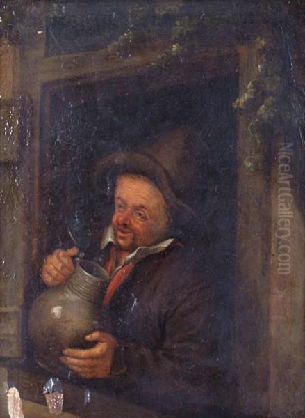 A Man Standing At A Window Holding A Jug. Oil Painting by Adriaen Jansz. Van Ostade